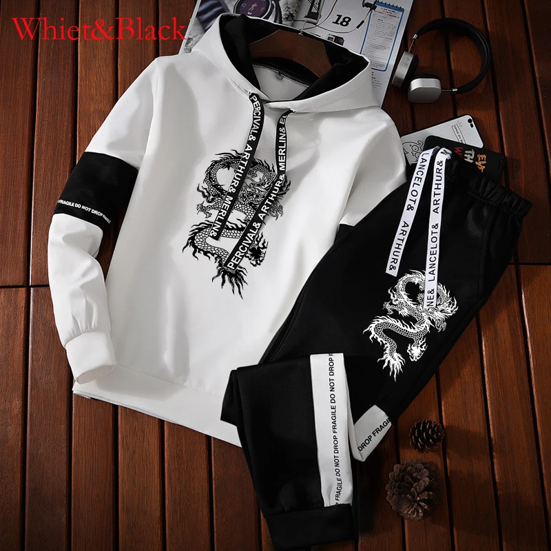 Men's Clothing Fashion Chinese Style Dragon Print Sports Wear Jogging Suits Hooded Tracksuit Set Hoodies+Sweatpants Sweat Suits