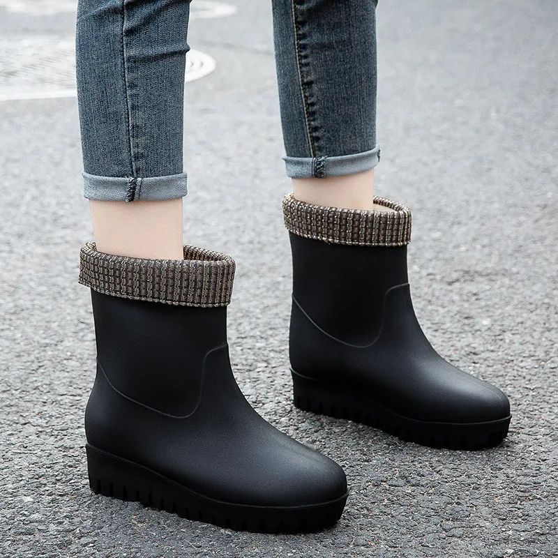 Women's Solid Color Ankle Rain Boots Autumn Winter Comfortable Non-Slip Work Water Shoes Waterproof Warm Rain Shoes
