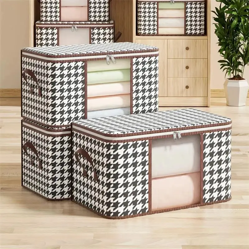 Clothes Storage Box Visible Large Capacity Portable Household Foldable Dustproof Quilt Zipper Container Handles