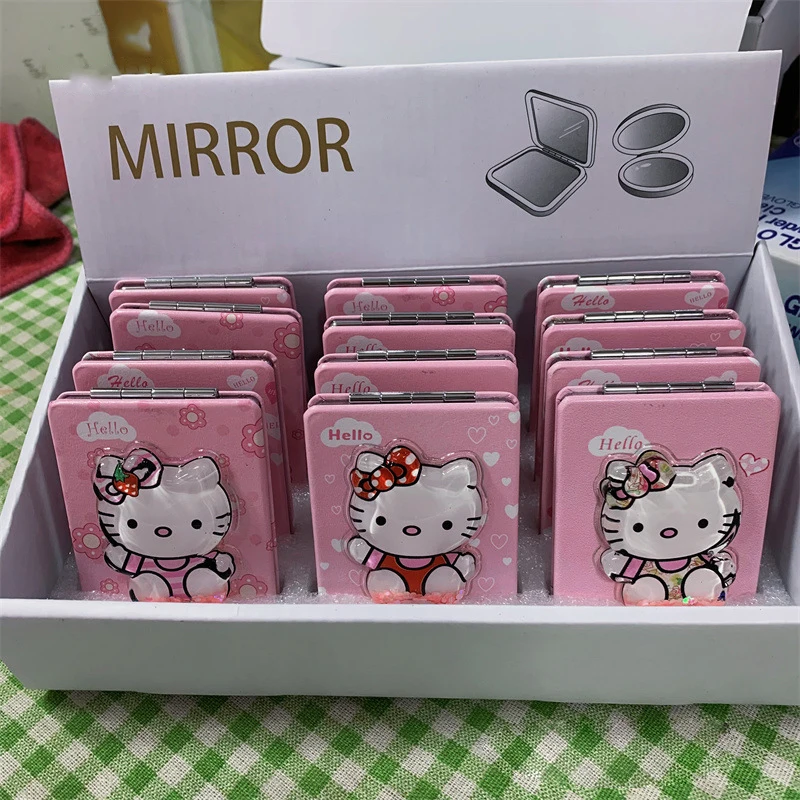 

12pcs/ Box Sanrio Artoon Hello Kitty Mirror Kawaii Girl Heart Quicksand Portable Folding Mini Make Up Girls Birthday Gift