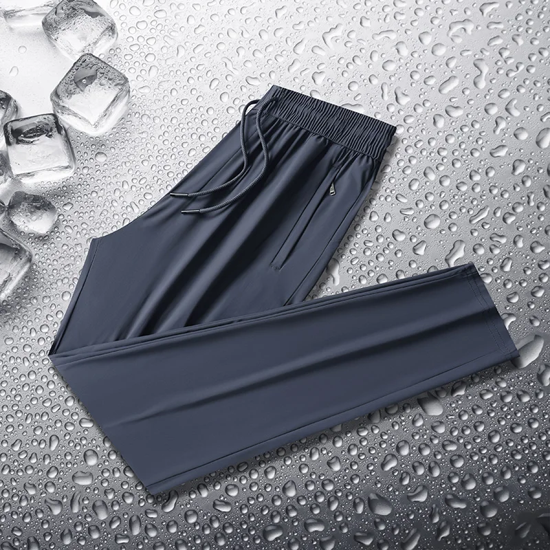 Simple Summer Solid Color Thin Ice Silk Men's Pocket Drawstring Elastic Waist Sports Pants Outdoor Casual Ankle Length Pants