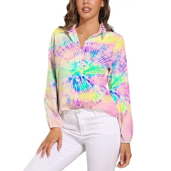 Neon Paint Print Blouse Women Colorful Tie-Dye Streetwear Loose Blouses Long-Sleeve Office Shirt Graphic Tops Big Size