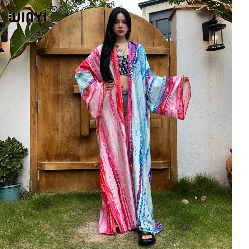 

NEW Summer WINYI kimono Africa maxi dress beach wear cover-up elegant Cardigan beach outfits for women Tie-dye print sexy coat