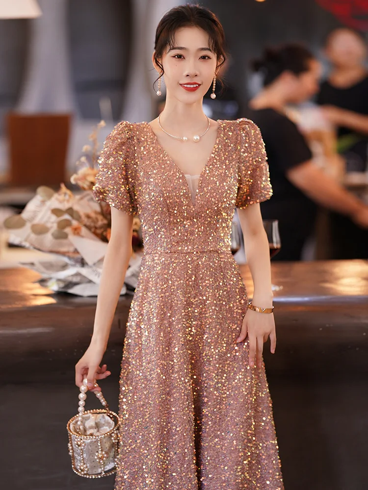 

Champagne Sequins Sexy V-Neck Puff Sleeve A-Line Evening Dresses Women Formal Bride Party Gown Vestidos