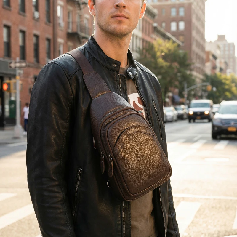 Luxury Designer Mens Genuine Top Grain Leather Chest Bag image 9