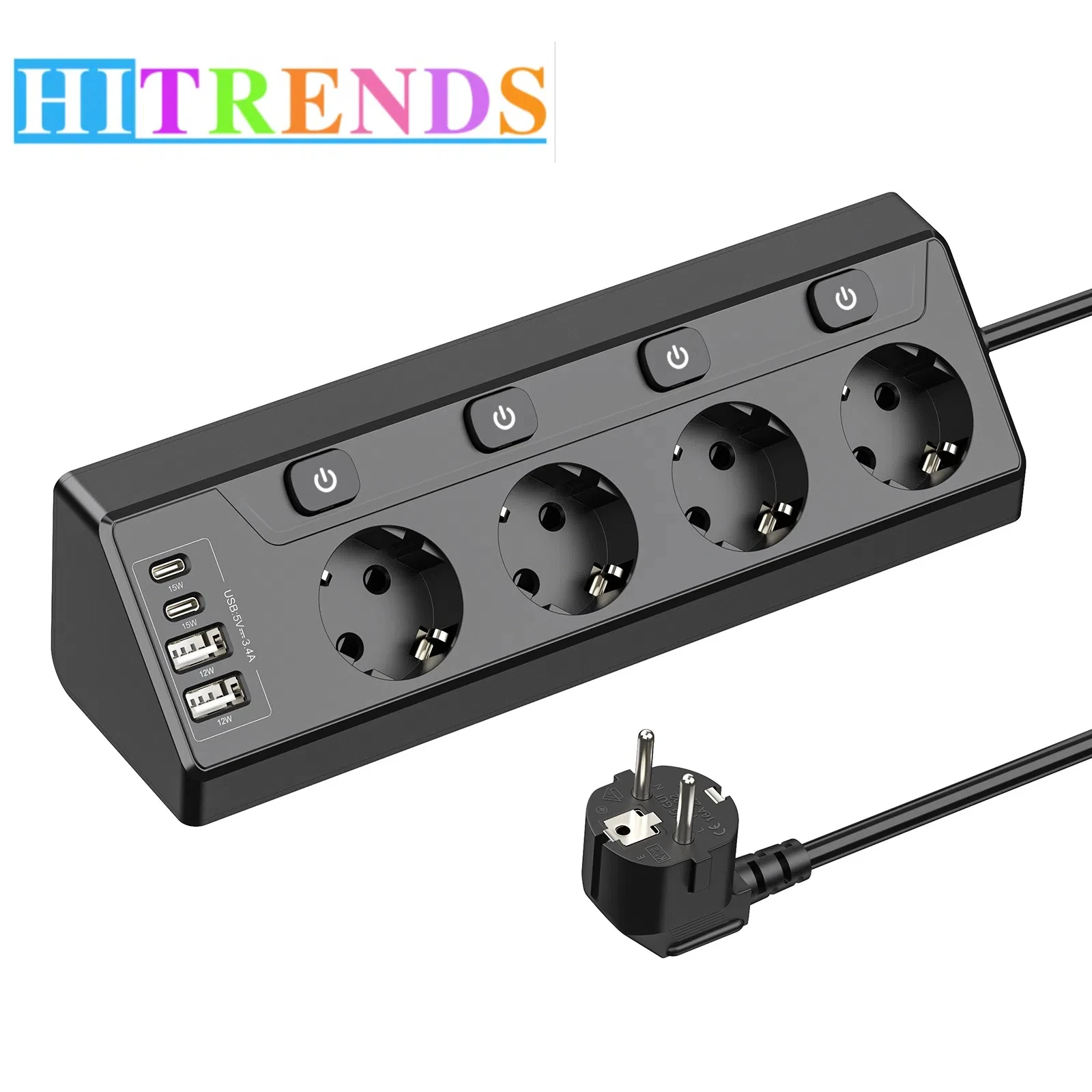 Enhanced Euro Multi-Plug Power Board with USB and Type-C Ports, Corner Sockets, and Surge Protection