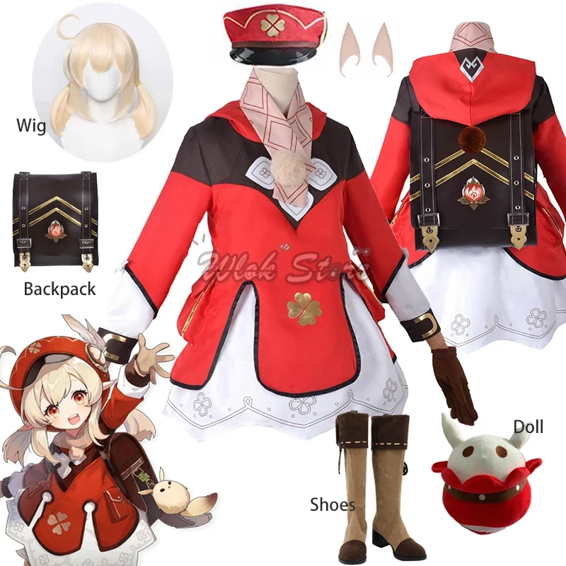 

Game Genshin Impact Klee Cosplay Costume Loli Dress Klee Backpack Halloween Party Carnival Outfits Role Play Outfits Wigs Boots