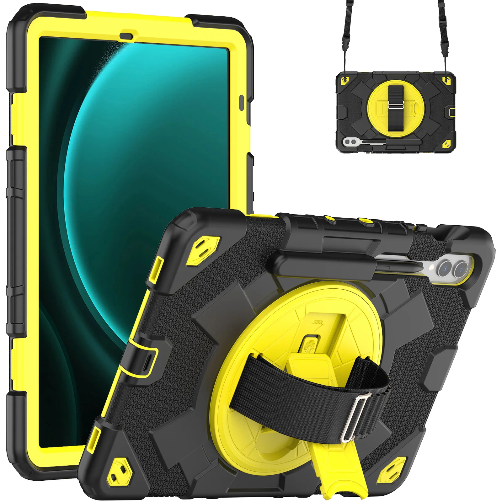 

Чехол с ремешком на руку для Samsung Galaxy Tab S9 FE Plus SM-X710 X510 X810 X610, вращающийся армированный чехол с подставкой, защитный чехол 3-в-1, слоты для ручек