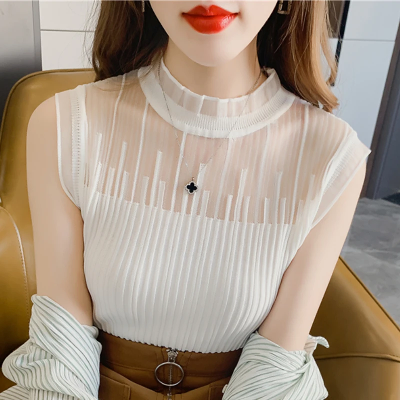 

2023 летние вязаные блузки без рукавов, модная женская Повседневная кружевная приталенная Майка, рубашка из вискозы, Женская Однотонная рубашка со стоячим воротником, женские топы, блузы 25379