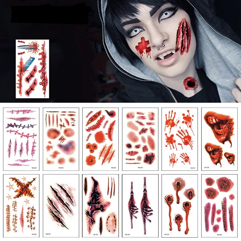 

10pcs Simulation Bloody Scar Stickers Realistic Horror Disposable Temporary Waterproof Tattoo Stickers Halloween Makeup