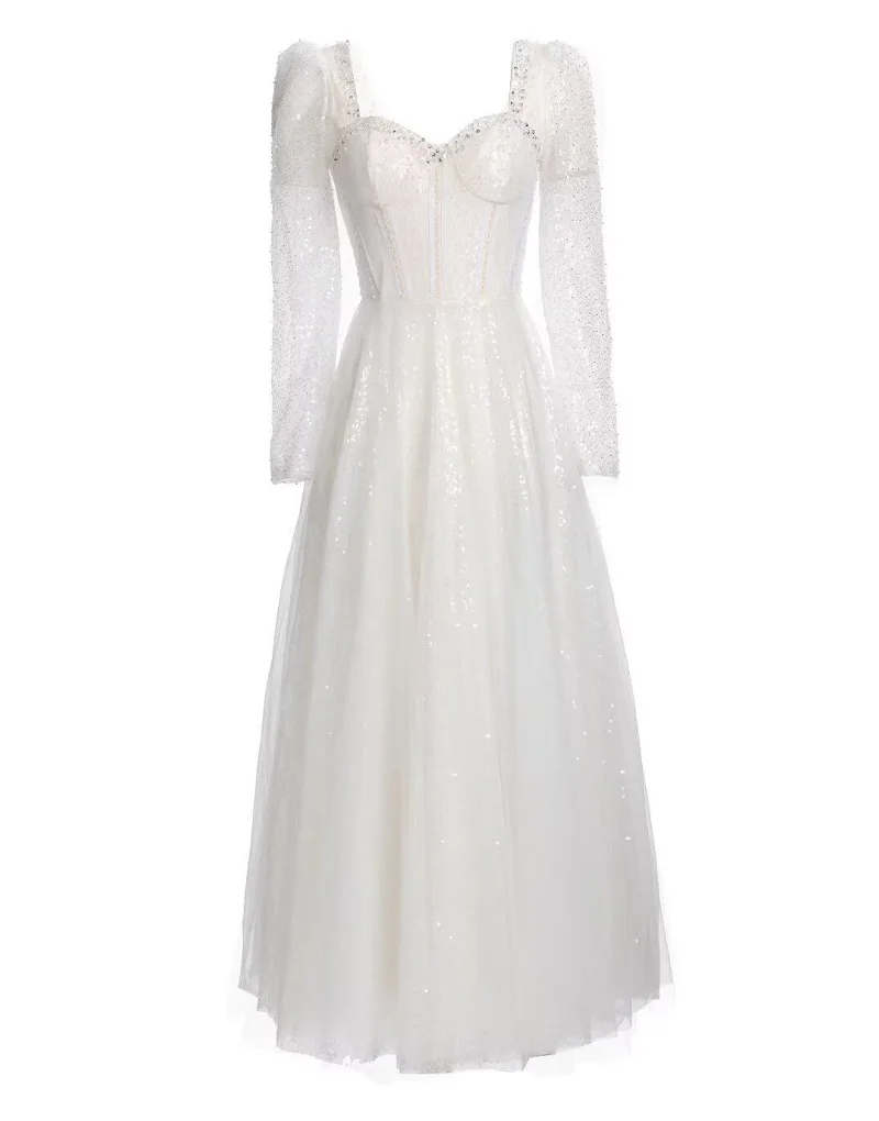 

Sequined Long Dress 2022 Autumn Winter Wedding Party Women Sexy Square Collar Long Sleeve Lurex White Long Gown Dress Festival