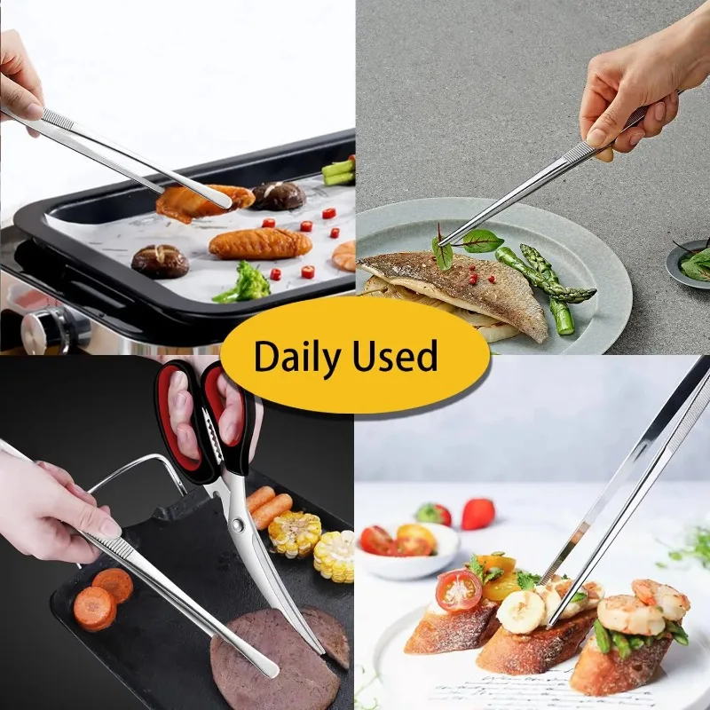 Tweezer Tongs 2pcs Fine Extra-Long 304 Stainless Steel Cooking Tweezers Kitchen Food Cooking Sea Food BBQ Food Tongs