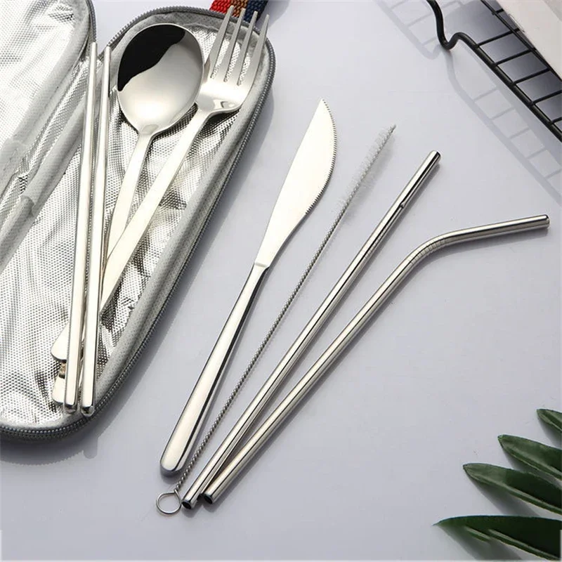 7PCS/Set Cutlery Spoon Fork Chopsticks Juice Straw Lunch Tableware With Bag Brush Stainless Steel Dinnerware Kitchen Accessories picnic cutlery set western style cutlery set picnic tableware camping cutlery set stainless steel cutlery set cutlery set wooden cutlery set ceramic dinnerware set