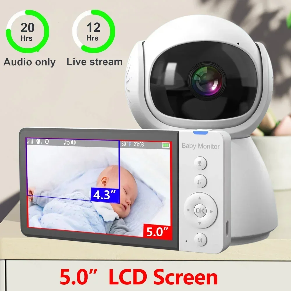 5.0 inch wireless video baby monitor 5000mAh battery IPS screen with nanny pan tilt camera bidirectional audio camera safety