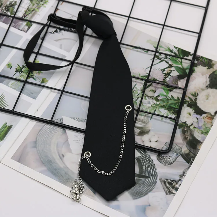Kette Krawatte, schwarze Krawatte ohne manuelle Knoten, Krawatte im College-Stil für Jungen und Mädchen, einfache und modische Uniform-Accessoires – Detail 12