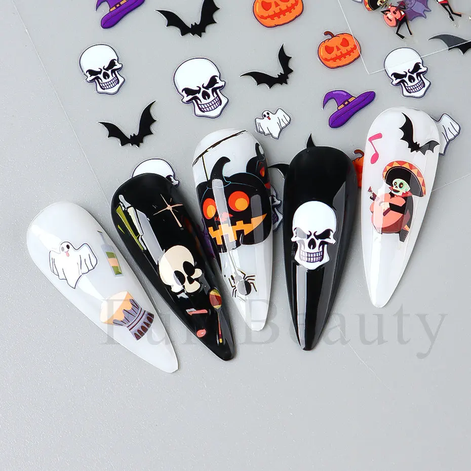 Nail Stickers Nail Stickers Halloween Series Bat Skull Bone Ghost Pumpkin Pattern 3D Self Adhesive Decals For Nails Manicure Decoration LATH nail stickers nail decals nail art decoration