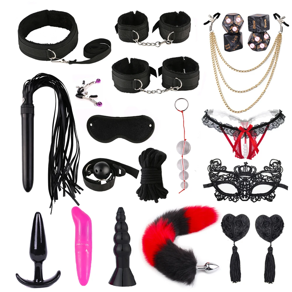 

BDSM Kits Adults Sex Toys for Couples Handcuffs Nipple Clamps Whip Spanking Sex Metal Anal Plug Vibrator Exotic Bed Bondage Set