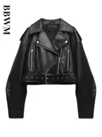 TRAF Women Oversized Vintage Loose Pu Faux Leather Short Jacket with Belt Streetwear Female Zipper Retro Moto Biker Coat Outwear 1