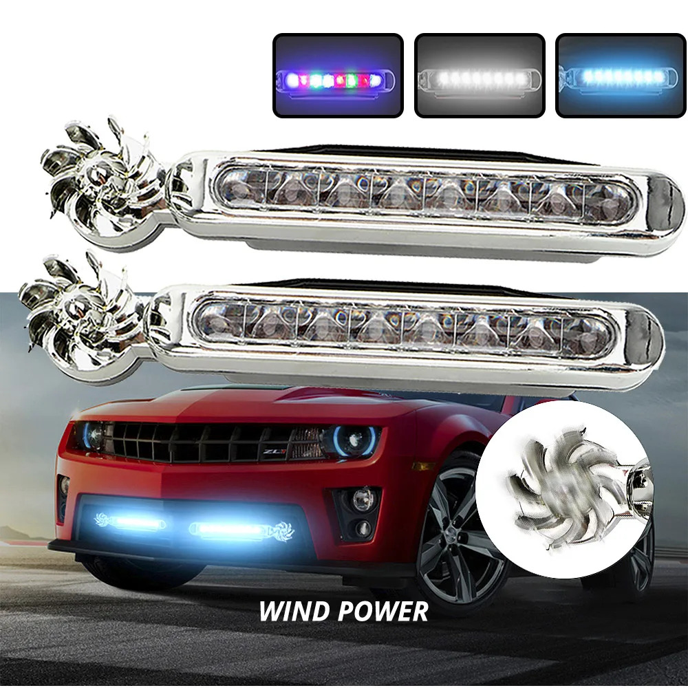 2X Wind Powered Car DayTime Running Lights 8LED Rotation Fan Daylight No Need External Power Supply Auto Decorative Lamp DRL Led