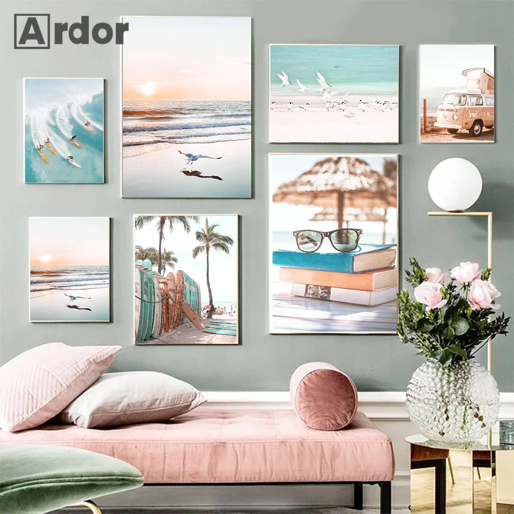 

Summer Sea Beach Palm Canvas Poster Wave Surfboard Canvas Painting Camper Art Print Nordic Wall Pictures Living Room Home Decor