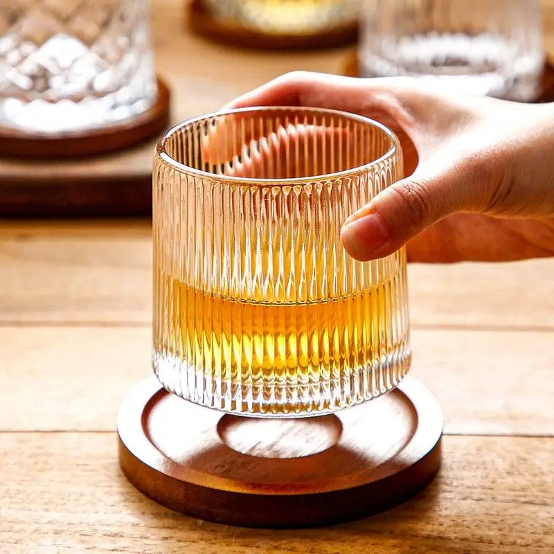 Creative Rotary Whiskey Glass Cup with Coaster Transparent Juice Cup Crystal Wine Tumbler Vodka Cognac Brandy Snifter Shake