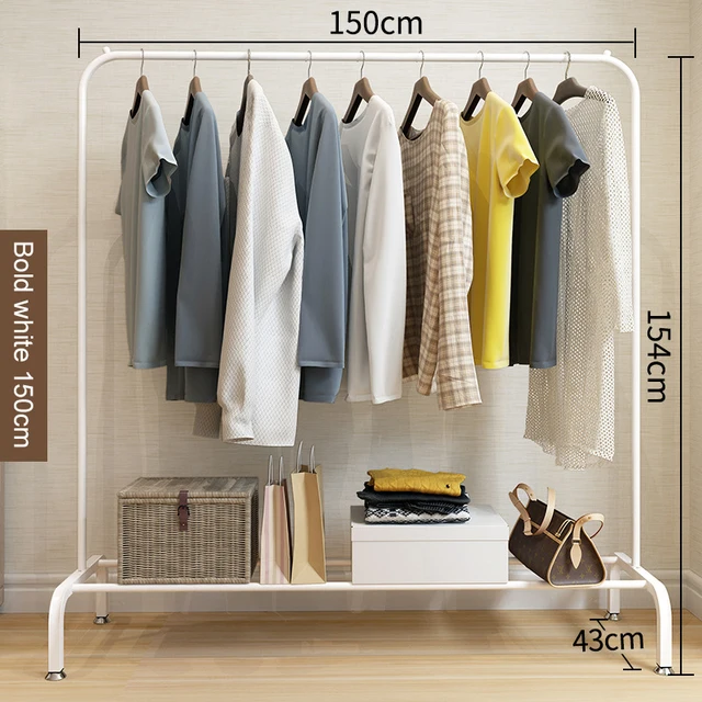 Garment Rack Floor Standing Clothes Hanger Double Pole Coat Rack Wardrobe Clothing Drying Rack Mobile Cloth Rail Home Furniture White 150cm