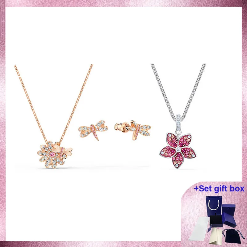 

High Quality Eternal Flower set Dragonfly and flower, Pink, Rose gold-tone plated Tropical pendant Flower Free shipping
