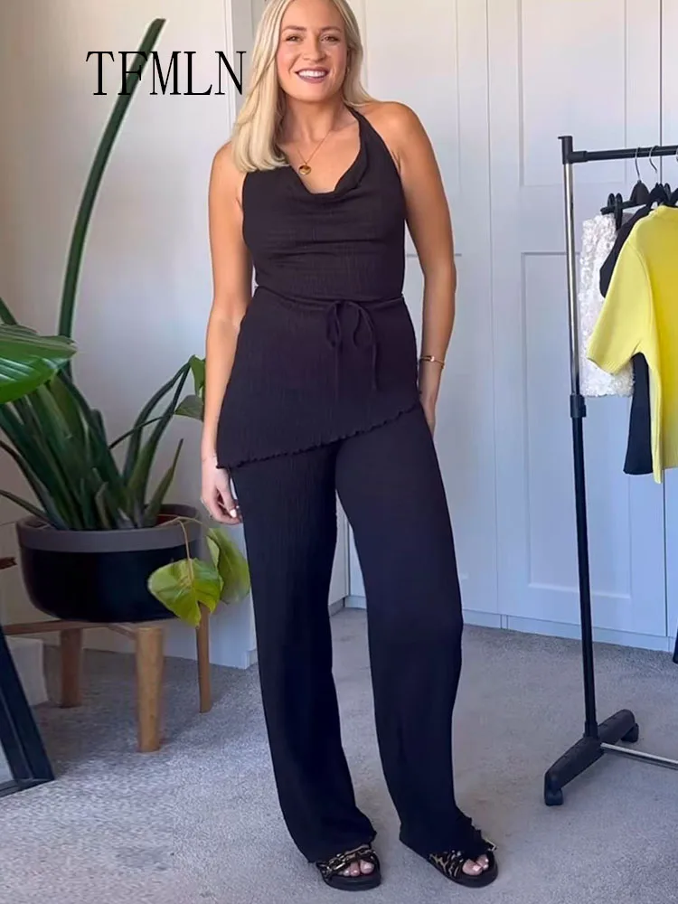 TFMLN 2025 Women Causal Halter Top Pant Sets Summer Fashion Asymmetrical Backless Camis Top Elastic Waist Straight Pant Outfits