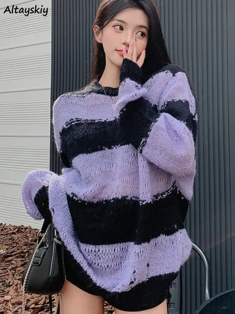 

Purple Striped Pullovers Women Korean Fashion Long Sleeve Loose Knitted Hollow Out Sweaters Vintage Autumn Y2k New Sueters Mujer