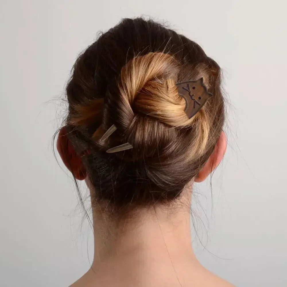 Wooden Cat Pattern Hair Sticks Headwear Headpieces U Shaped Hair Forks Chinese Style Hair Accessories Hanfu Hairpin Women Girls