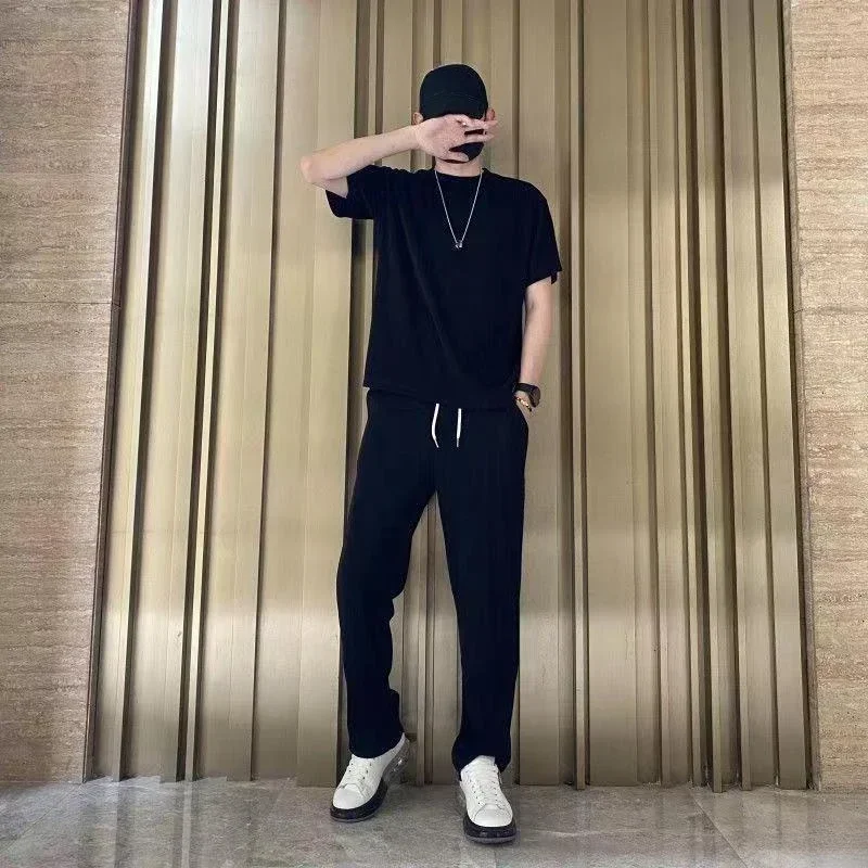Conjunto de entrenamiento, camiseta y pantalones para hombre, pantalones lisos para hombre, ropa de verano de nailon, dos piezas, estilo coreano 2024, pantalones, camiseta barata, XL