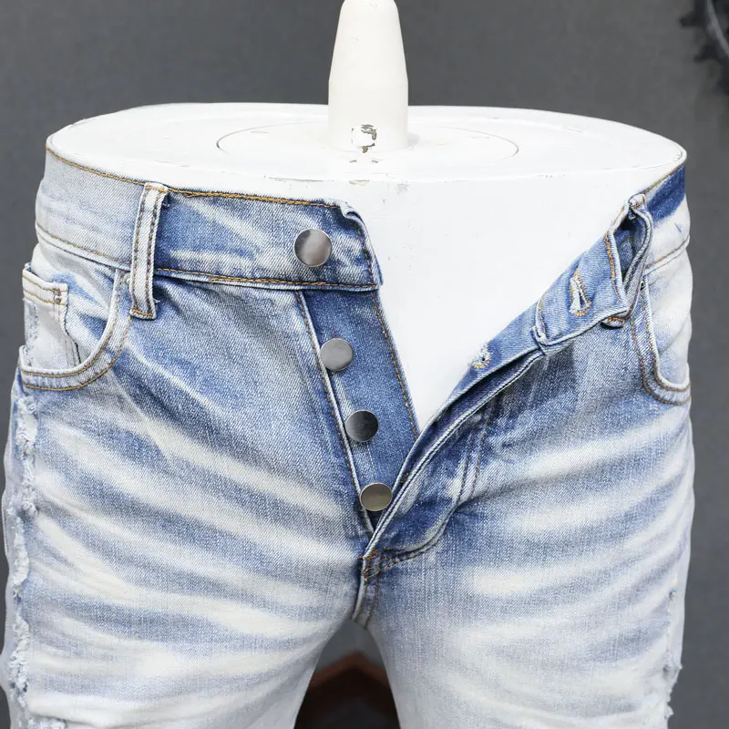 High Street Fashion Men's Tight Jeans Vintage Light Blue Elastic Tight Split Jeans Patch Designer Hip Hop Brand High Quality Pan