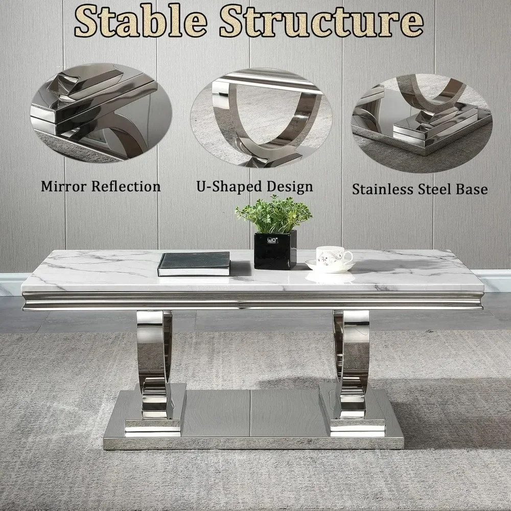 47" Rectangular Coffee Table, Modern White Faux Marble Cocktail Table, with Silver Mirrored Finish U-Shape Stainless Steel Base
