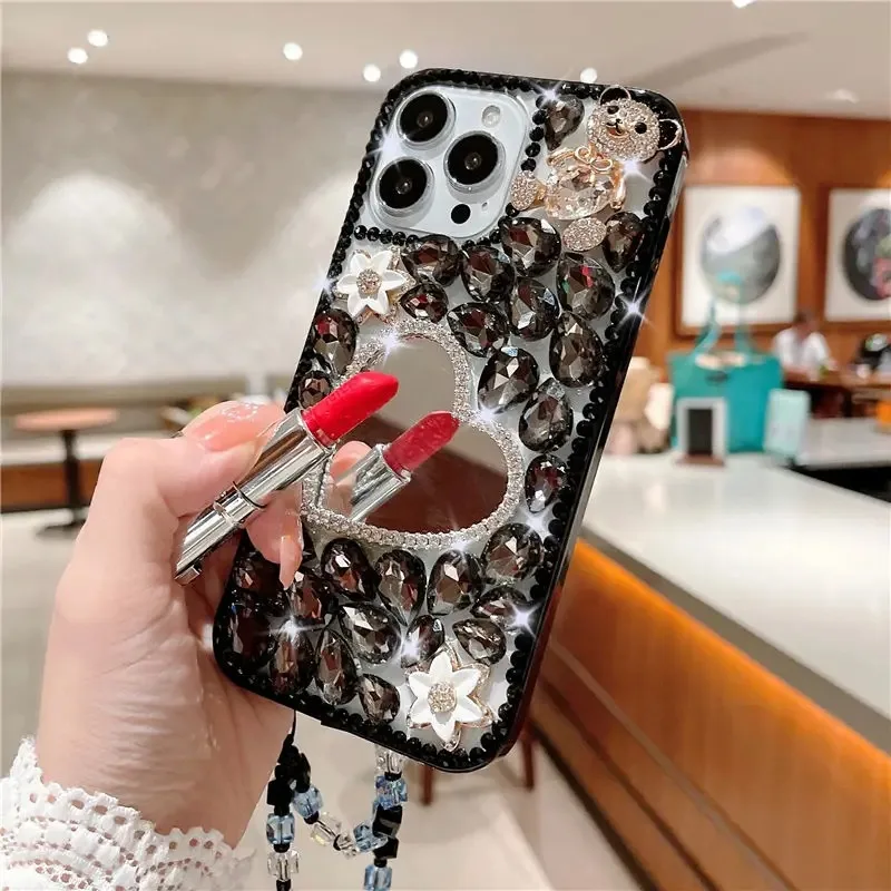 Luxury Women Girls Diamond Makeup Mirror Back Cover for Huawei P50Pro P40 Mate30 for Honor 9X 50 60Pro Shockproof Phone Case