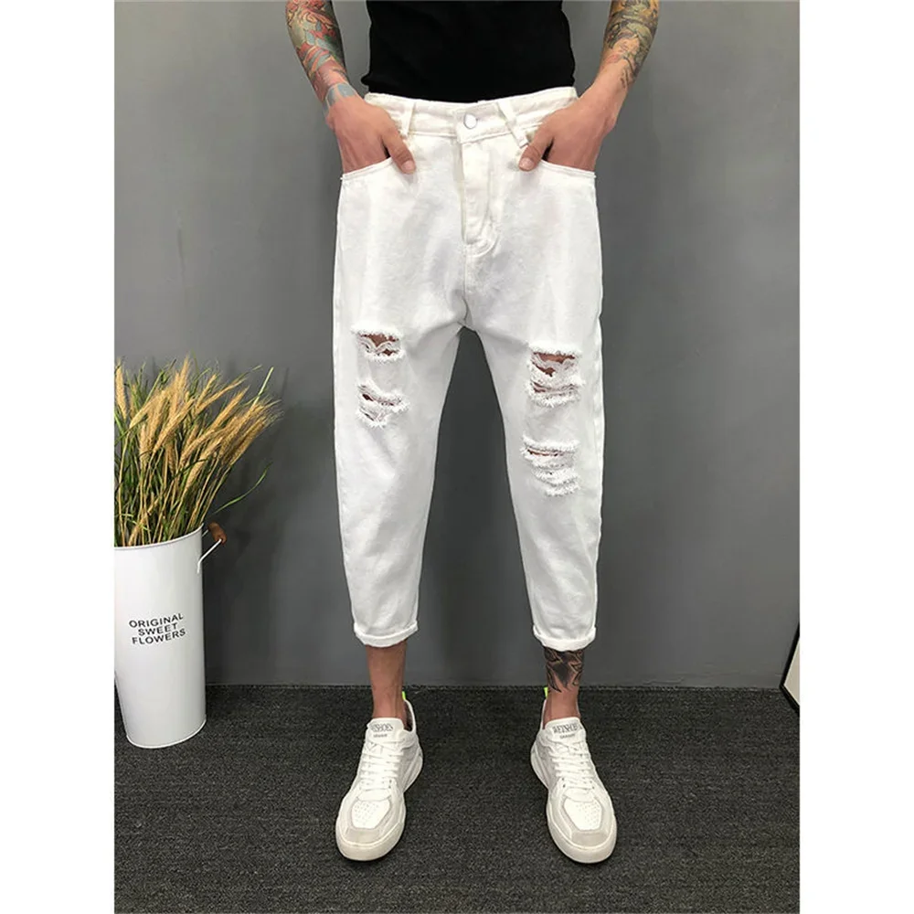 Japanese Trend New Men's Ripped Hole Jeans Solid Color Ankle Length Youth Fashion Loose Denim Harem Cargo Pants D96