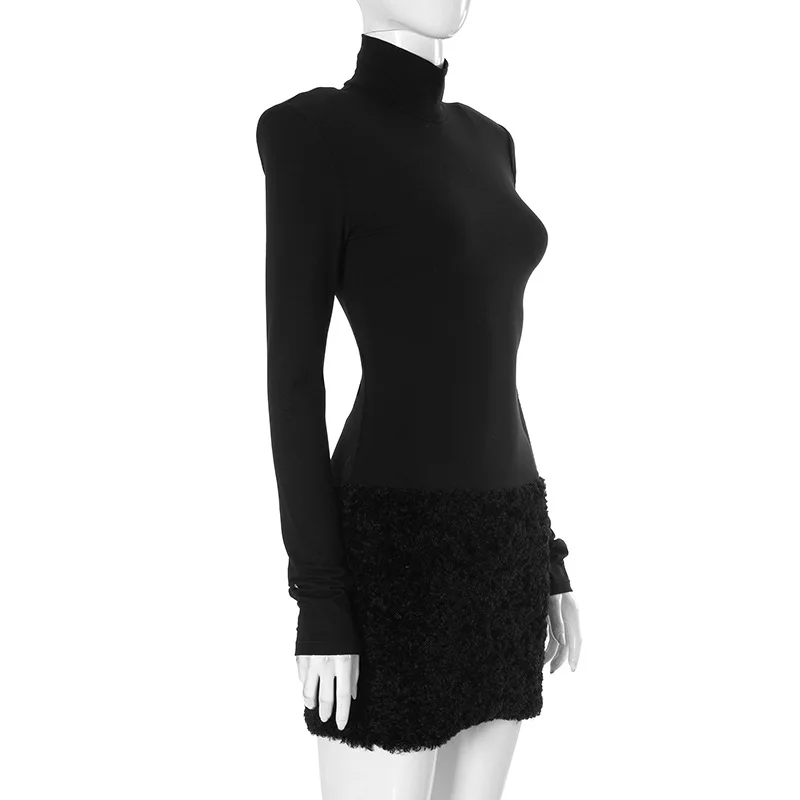 Vestido mini de cuello alto con mangas largas y peludo para mujer, cintura alta, elegante, para fiestas y ocasiones especiales, 2025