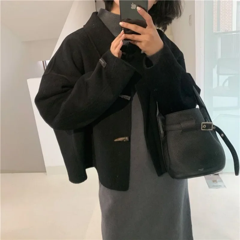 HOUZHOU Vintage Black Tweed Jacket Women Korean Fashion Streetwear Wool Blends Coat Chic and Elegant Winter Old Money Style