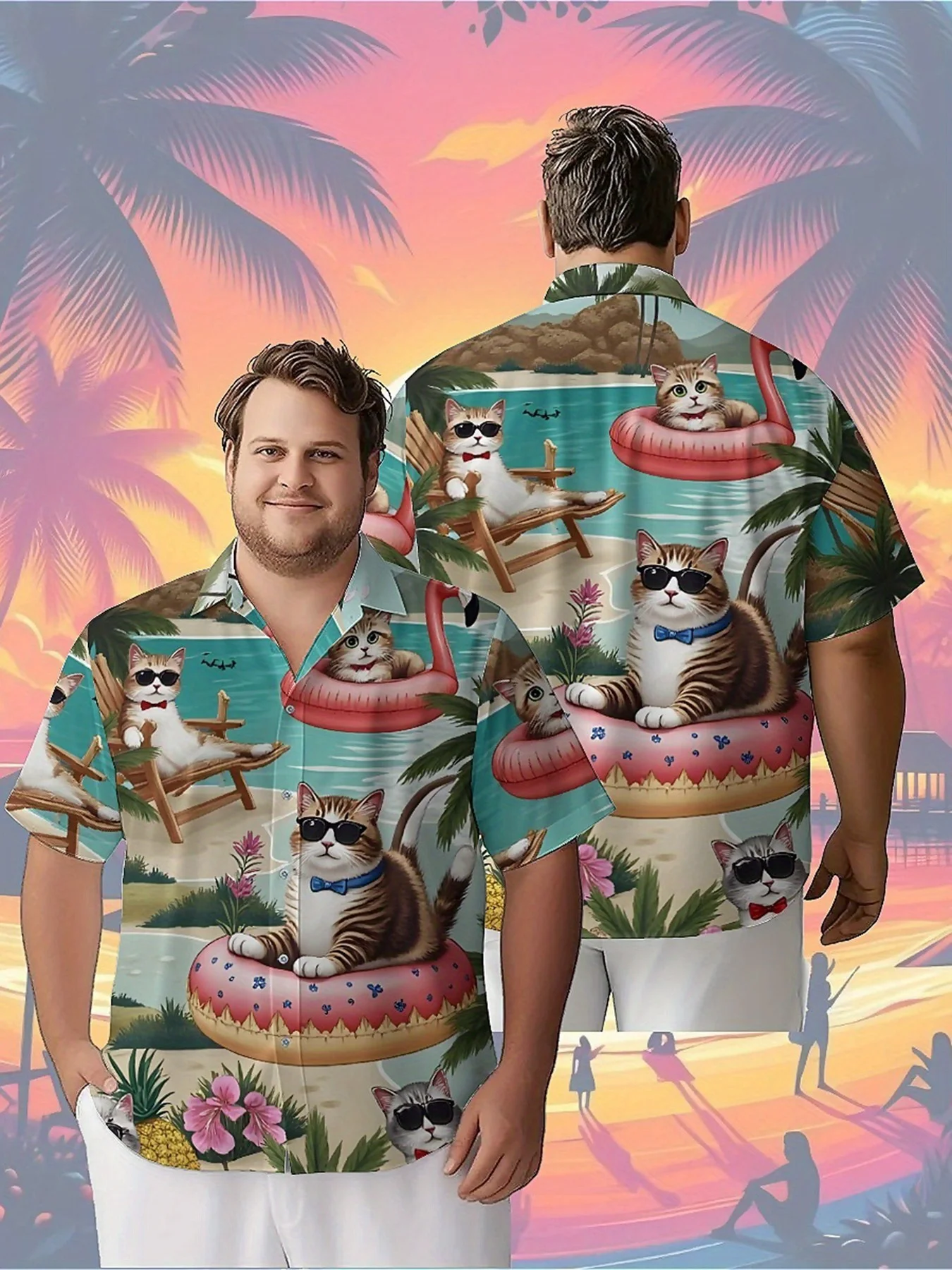 Men's Plus Size Hawaiian Shirts Tropical Cat Vacation Pattern,Unisex Baggy Aloha Shirts,summer Alternative Clothing