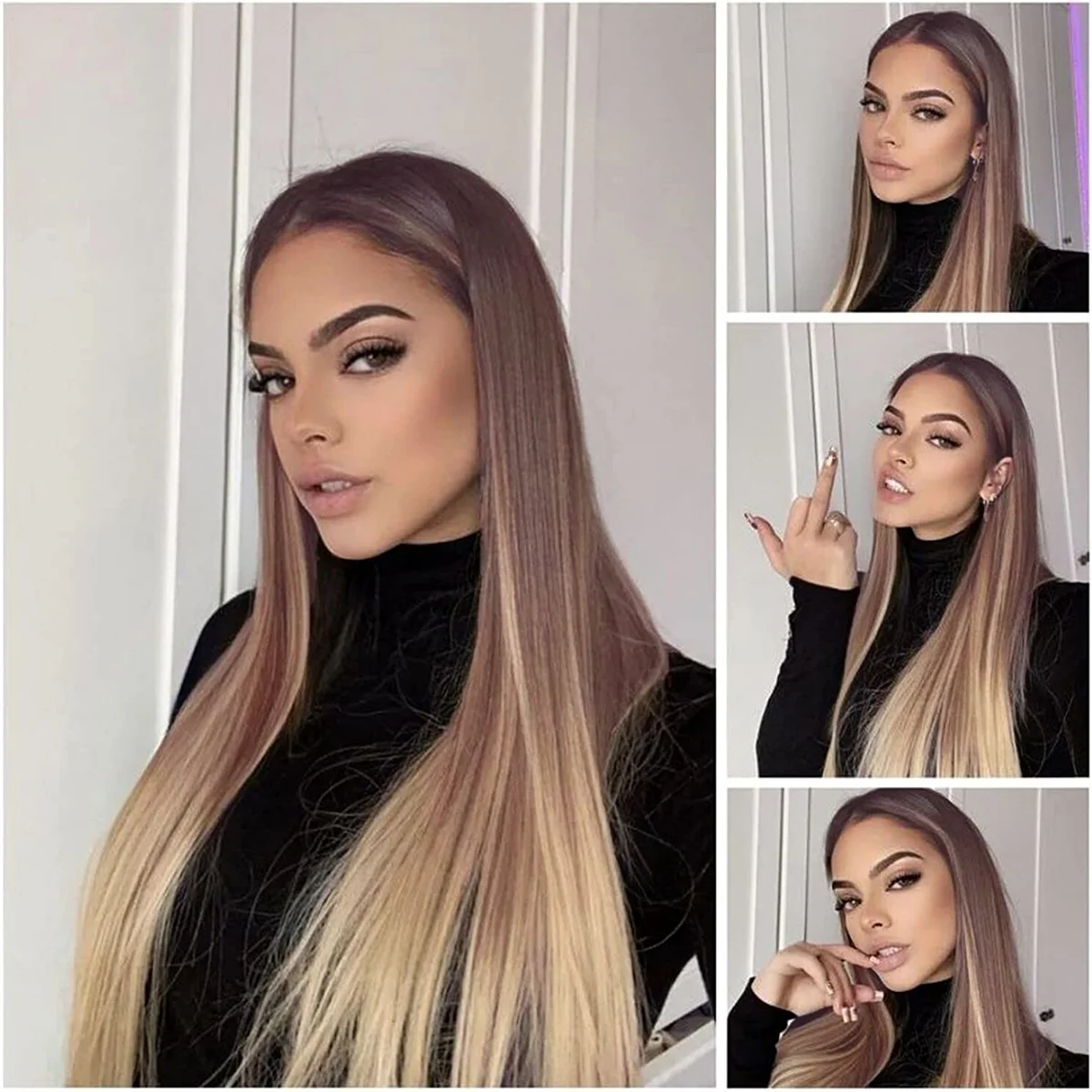 Ombre Brown Blonde 13x4 Lace Front Synthetic Wig Glueless Long Straight 3 Tone Colored Lace Front Wig for Women Heat Resistant