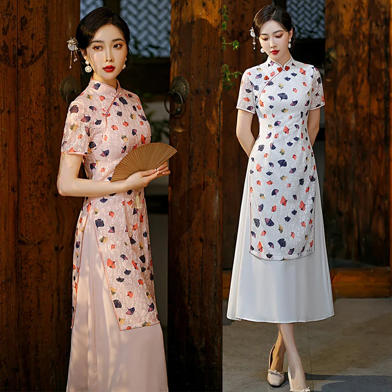 

Summer Women Chinese Style Wedding Qipao Traditional Mandarin Collar Short Sleeve Split Chiffon Aodai Cheongsam Dress