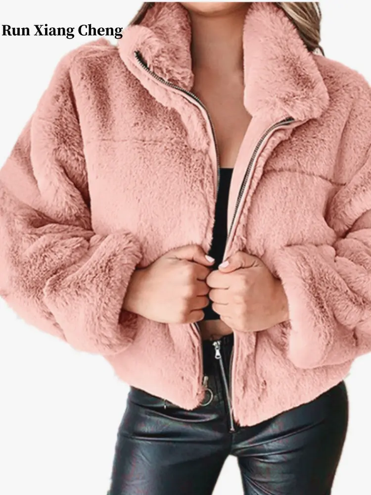 Women's Faux Fur Coat 2023 New Luxury Artificial Rabbit Hair Zipper Cardigan Oversize Designer Stand Collar Plush Warm Jacket