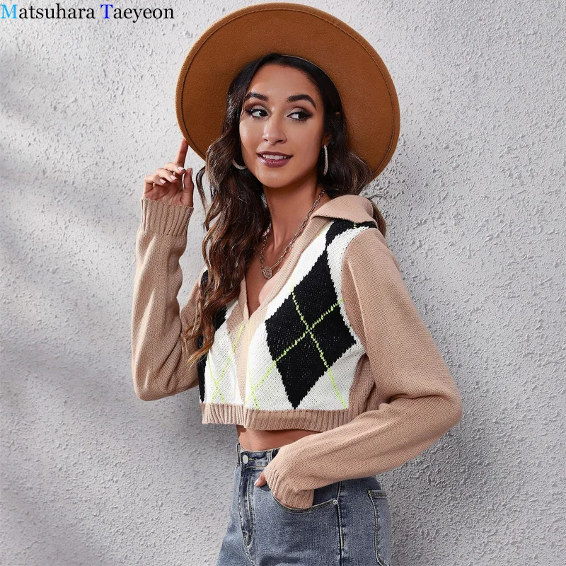

Knitted Crop Cardigan Women Boho Short Sweater Long Sleeve V Neck Argyle Y2k Sexy Women sweater New Top Femme clothing