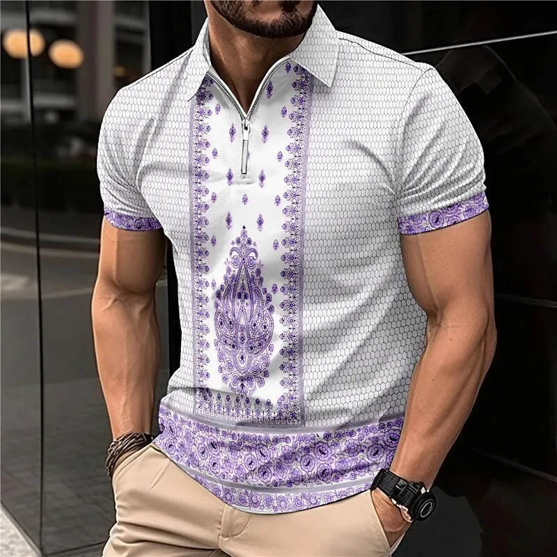 

2023 New Summer High Quality Men Polo Shirts Floral Graphic Print Casual Short Sleeve Mens Turn-Down Collar Zipper Polo Shirt