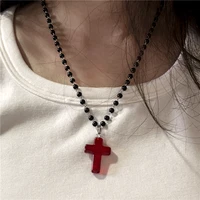 Collier gothique Vintage avec pendentif croix en verre rouge, chaîne en corde de perles noires pour femmes et hommes, accessoires de bijoux esthétiques EMO Grunge Y2K 3
