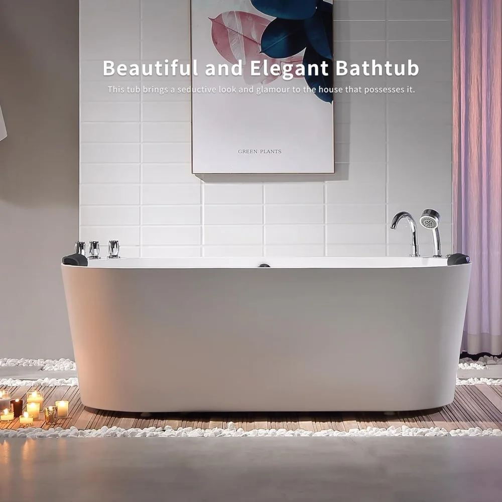 59" Freestanding Whirlpool Bathtub,Acrylic 8 Hydromassage Jets Tub,59" x 30", 560W, Middle Drain, ETL Certified 6