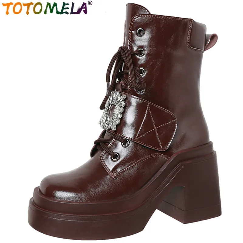 

TOTOMELA 2022 New Rhinestone Genuine Leather Winter Women Boots Zipper Ankle Boots Vintage Super Thick High Heels Platform Shoes