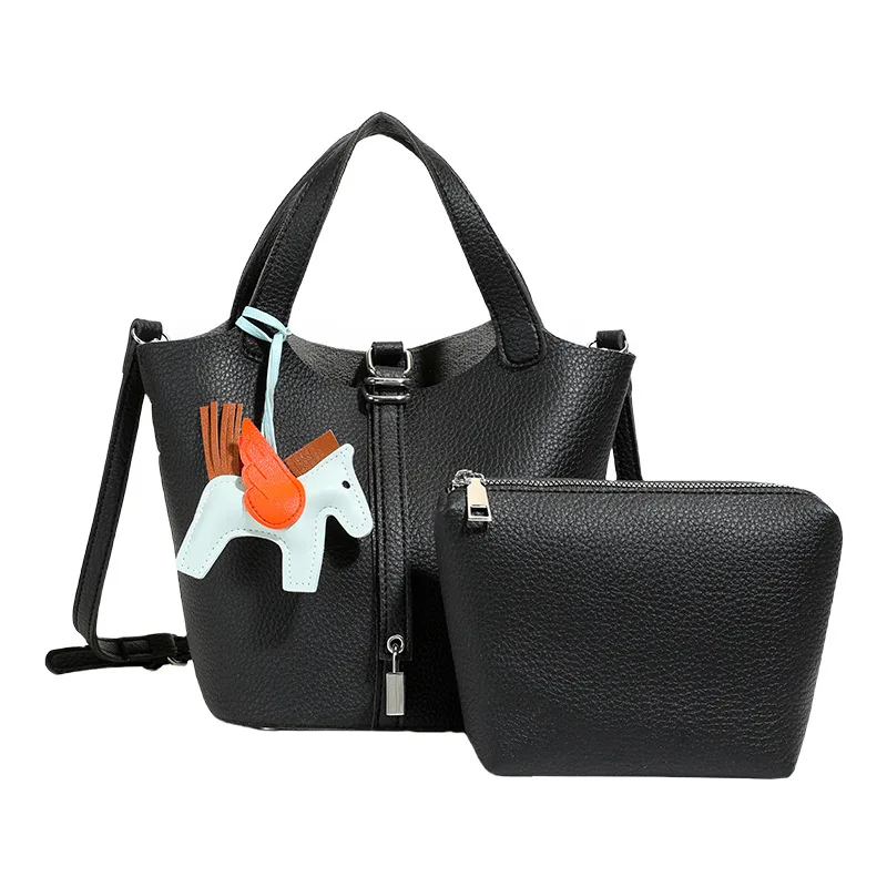 Fashion Vegetable Basket Bucket Bag Women's Autumn New Lychee Pattern Shoulder Bag Simple Solid Color Niche Messenger Bag