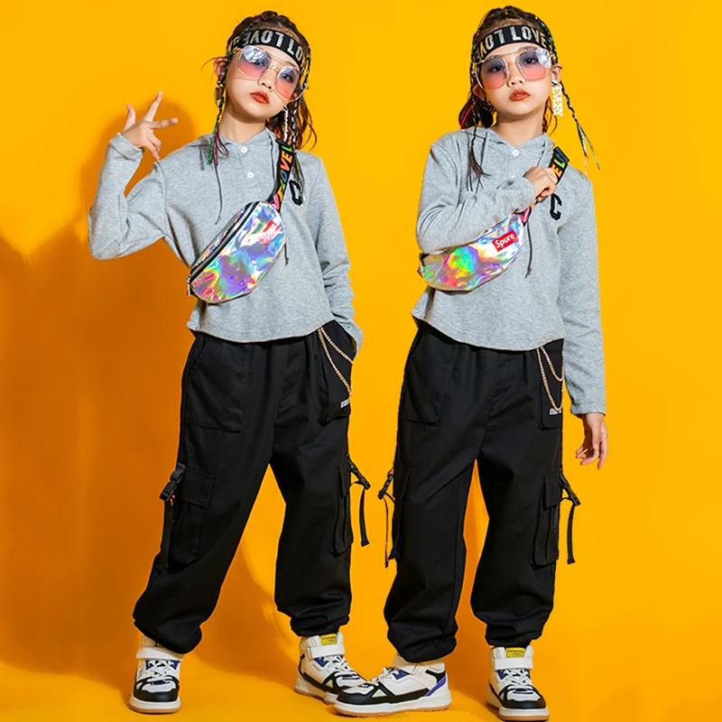 

Jazz Costume Kids Cool Hip Hop Clothes Hooded T Shirt Jogger Pants For Girls Street Dance Performance Outfit Stage Wear SL7393