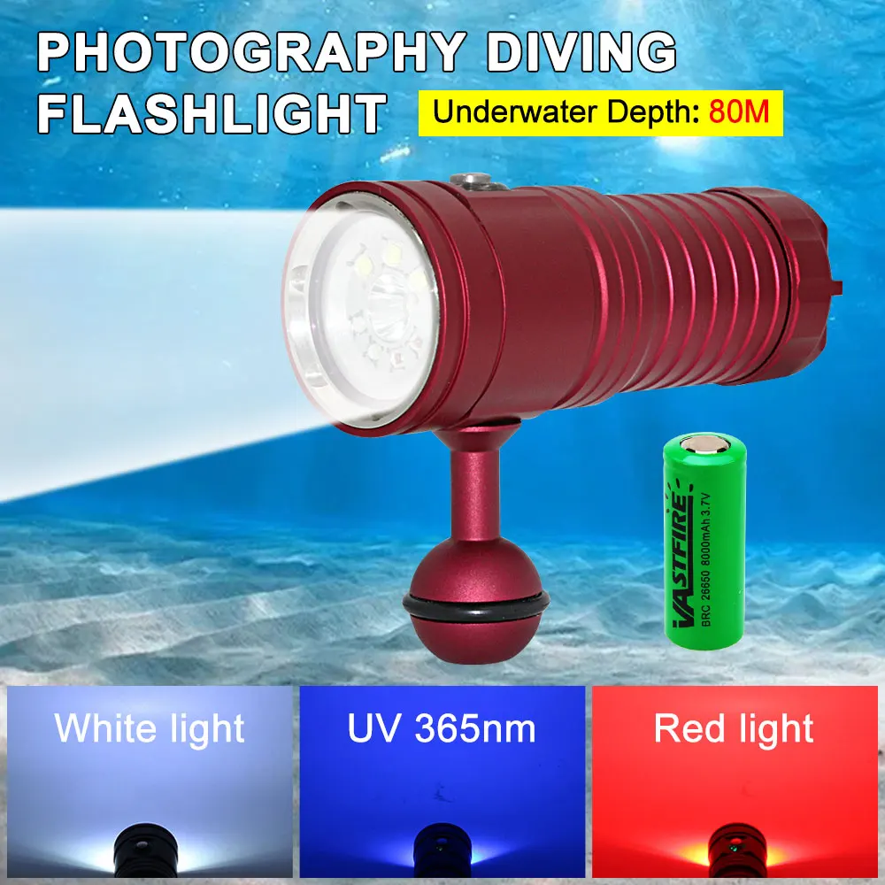 

Professional Diving Flashlight IP68 highest waterproof rating Super bright diving light Powered by 26650 battery With hand rope