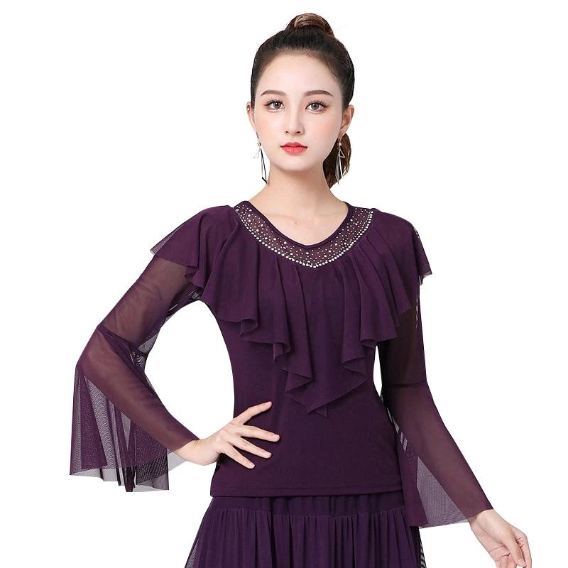Noble Ruffle Leader Long Sleeve Dance Tops For Women Solid Color